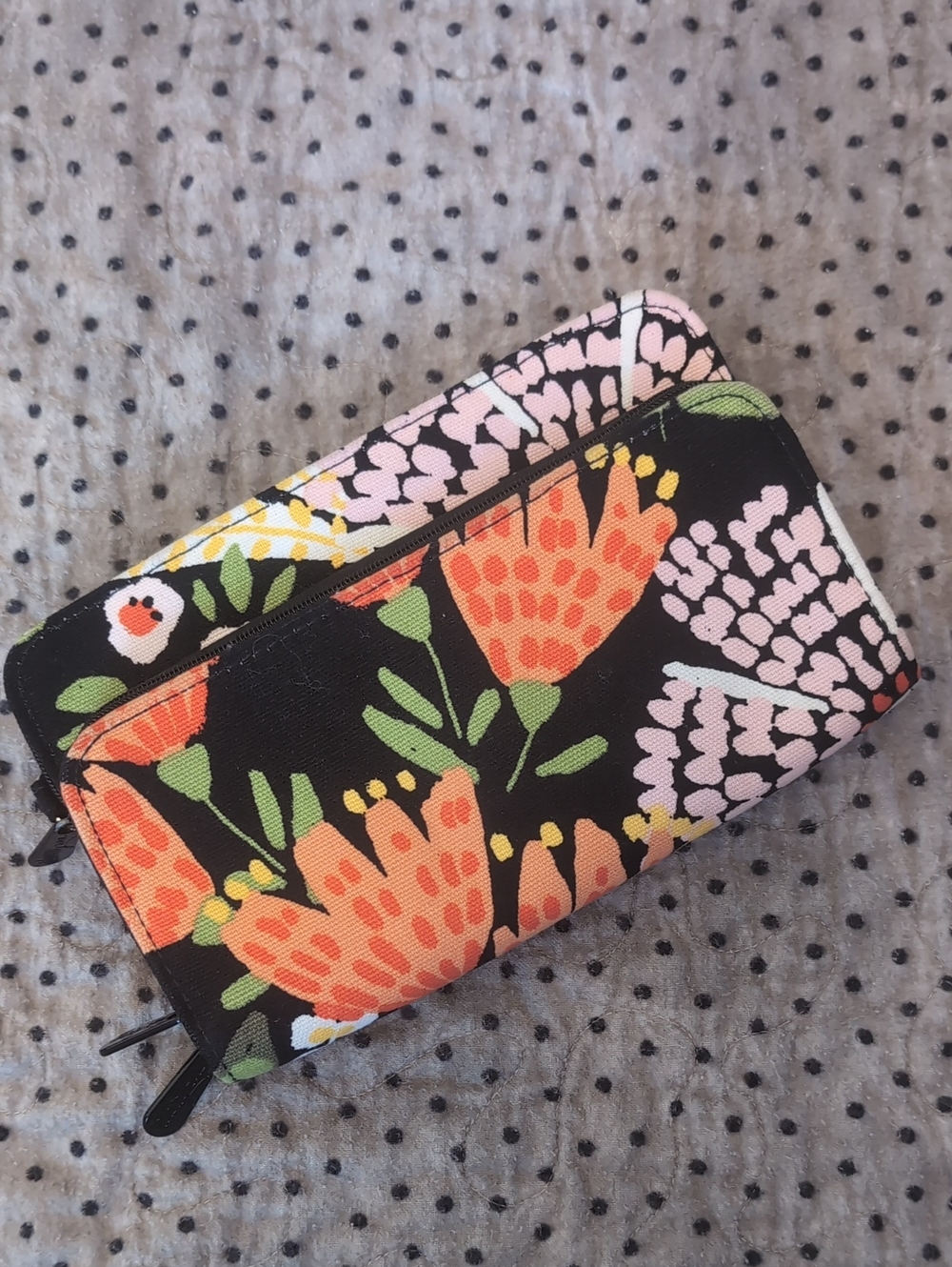thirty-one Black Floral Zip Wallet with Coral, Pink & Green Accents